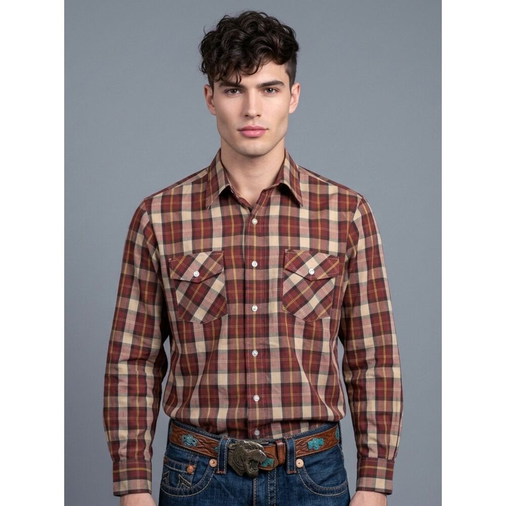 L Vintage 1970s Western Plaid Shirt Pearl Snap Buttons Cowboy Rockabilly 70s
